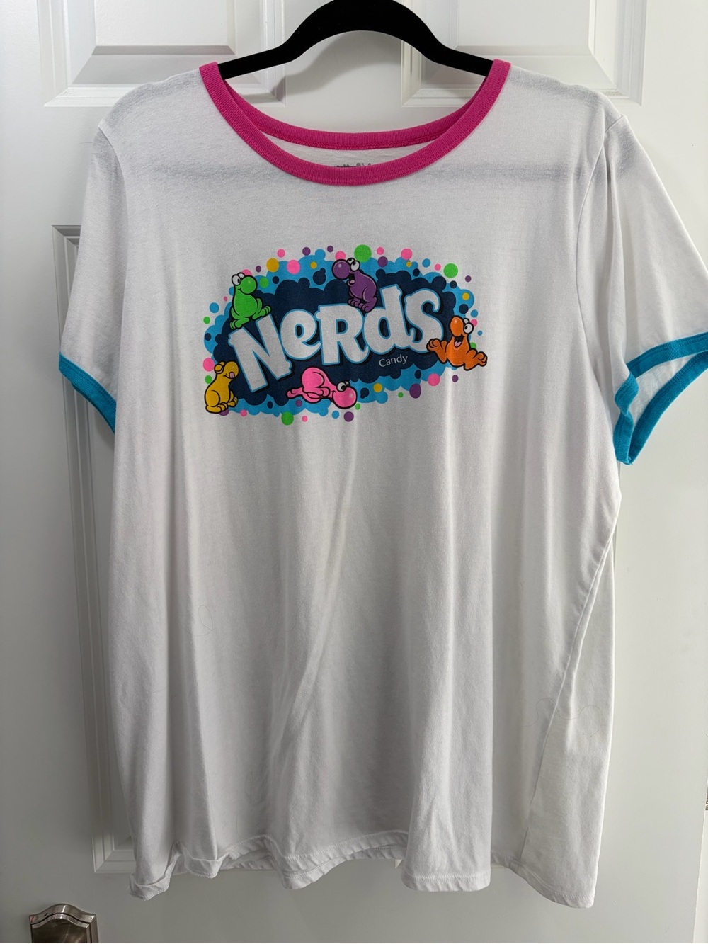 Women’s NERDS T-Shirt with Retro style Pink & Blue Trim on Neckline/Sleeves